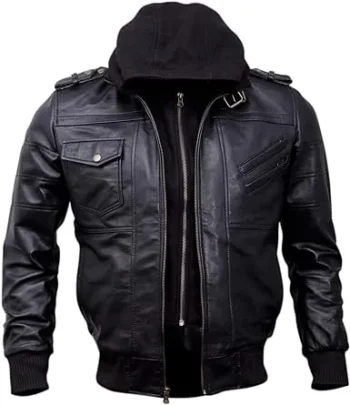 Real Cow Leather Black Bomber Leather Jackets for Men with Removable Hood