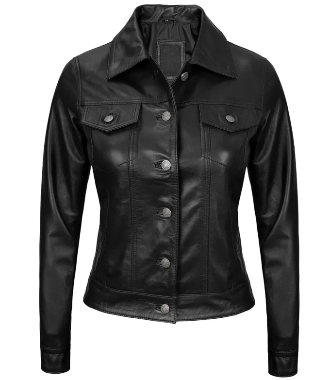 Women’s Real Leather Black Leather Trucker Jacket