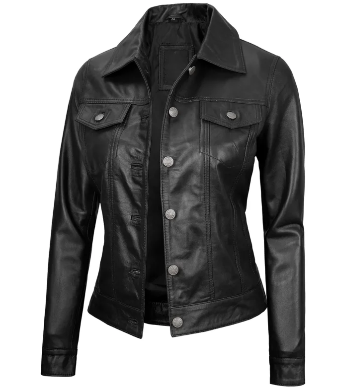 Women’s Real Leather Black Leather Trucker Jacket