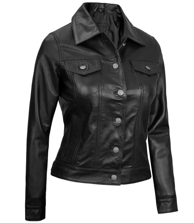 Women’s Real Leather Black Leather Trucker Jacket