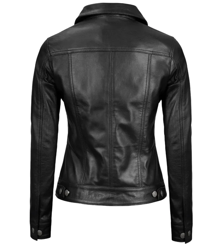 Women’s Real Leather Black Leather Trucker Jacket