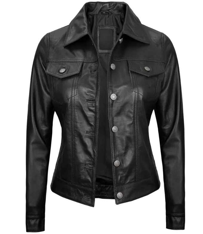 Women’s Real Leather Black Leather Trucker Jacket